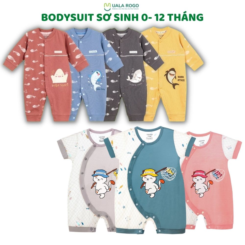 [FULL]-Bộ bodysuit cho bé Ualarogo 0-12 tháng dài tay cúc giữa vải cotton gọn gàng họa tiết động vật dễ thương