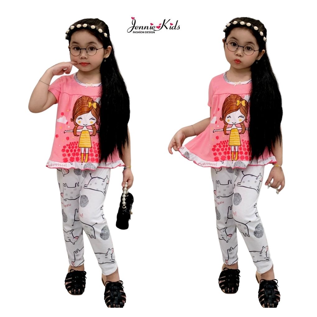 Đồ bộ bé gái, bộ bé gái quần dài cute baby doll thun cotton borrip VNXK Jennie kids J466