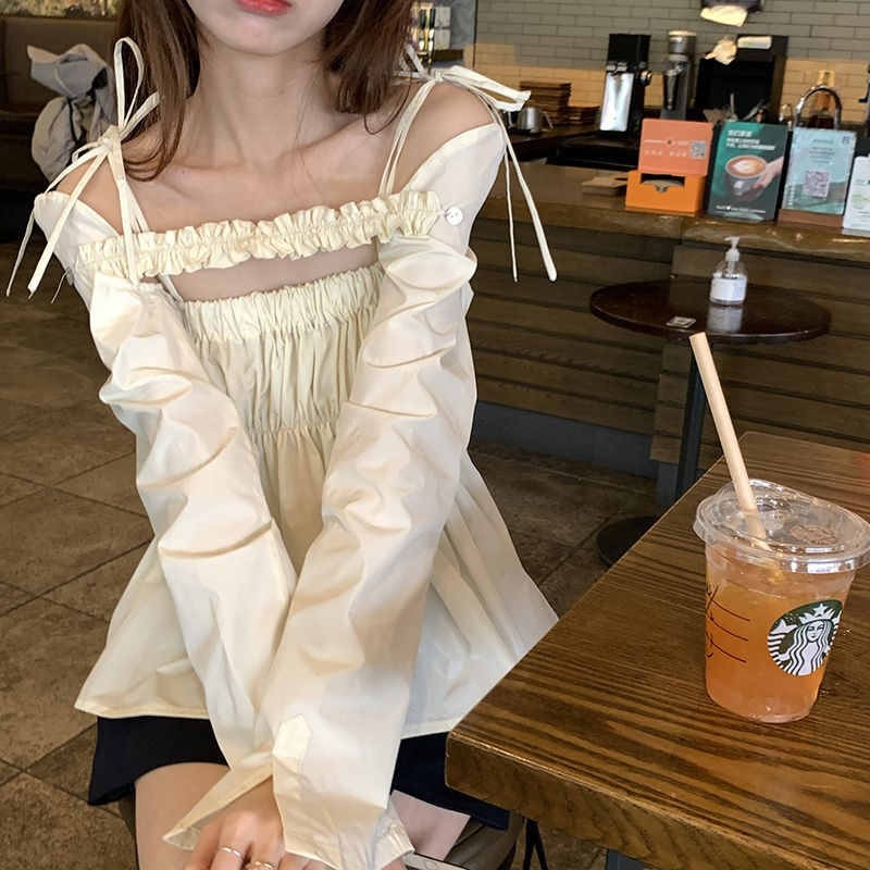 Ái tay dài trễ vai hai mảnh mỏng xếp ly | BigBuy360 - bigbuy360.vn