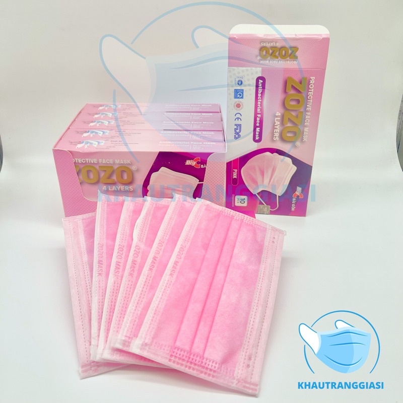 Khẩu trang 4 lớp màu hồng Zozo 50 chiếc hàng xuất khẩu đóng hộp chia 10 chiếc