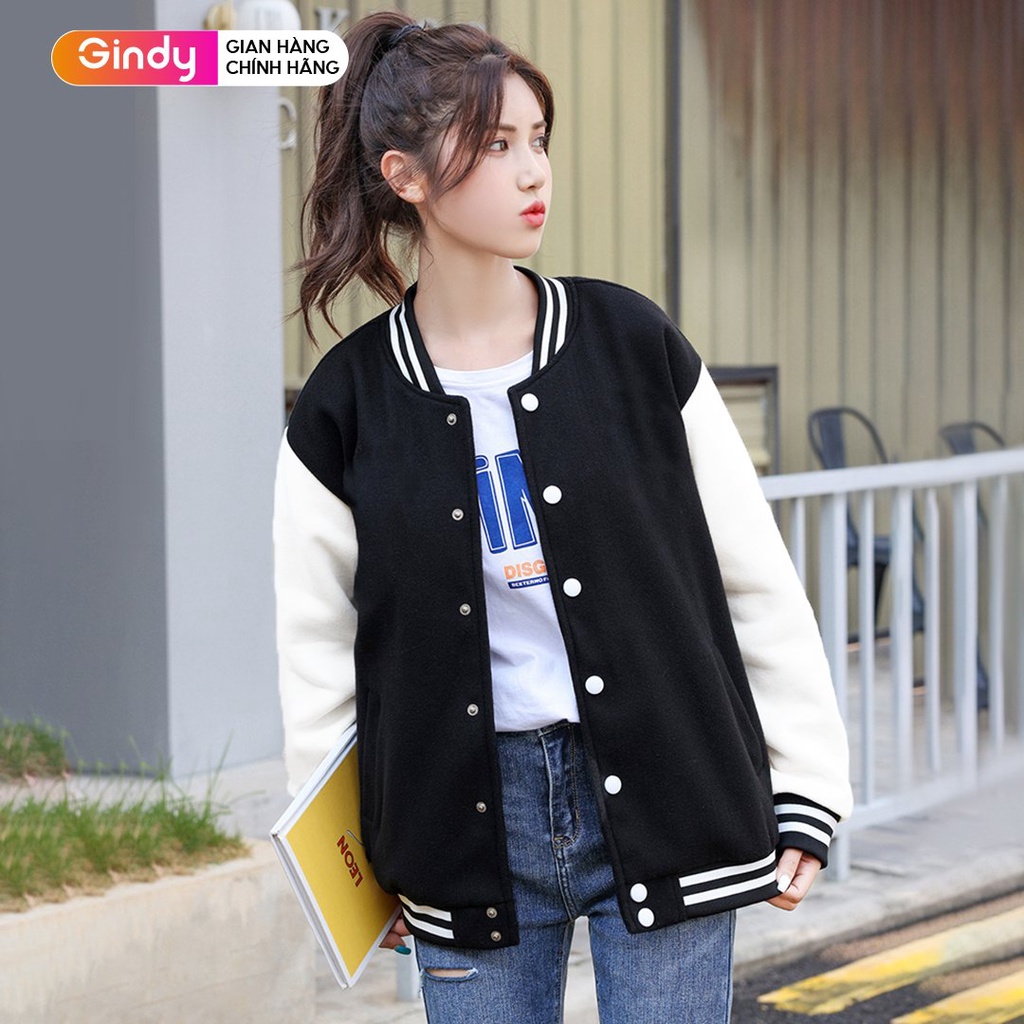 Áo khoác bomber bòng chày trơn unisex GINDY chất da lộn form rộng dày dặn, mặc đi học, đi chơi size M (40kg-75kg) A1211 | BigBuy360 - bigbuy360.vn