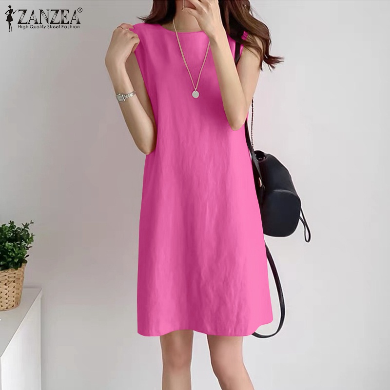 Đầm ngắn Zanzea không tay cổ tròn màu trơn đơn giản phong cách Hàn Quốc dành cho nữ