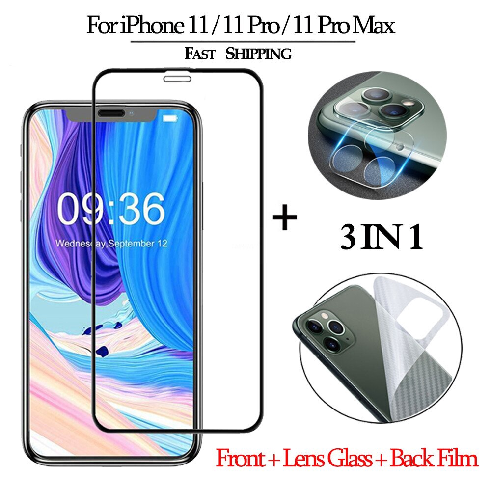 Kính cường lực 3 trong 1 bảo vệ mặt trước/sau/ống kính máy ảnh cho iPhone 12 Pro 11 Pro Max Xr Xs 6 6s 7 8 Plus Se 2020