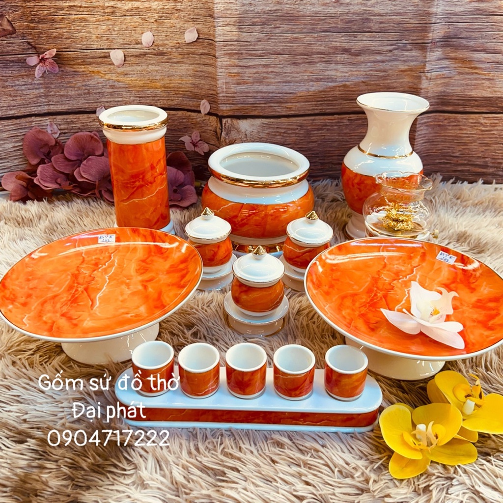 Bộ đồ thờ cúng sứ đỏ viền vàng vân đá cao cấp, Set đồ thờ thần tài, gia tiên, thờ phật đủ kích thước