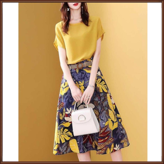 Set Áo Thun Ngắn Tay Cổ Tròn + Chân Váy Hoa Lưng Cao 2 Món Thời Trang Cho Nữ
