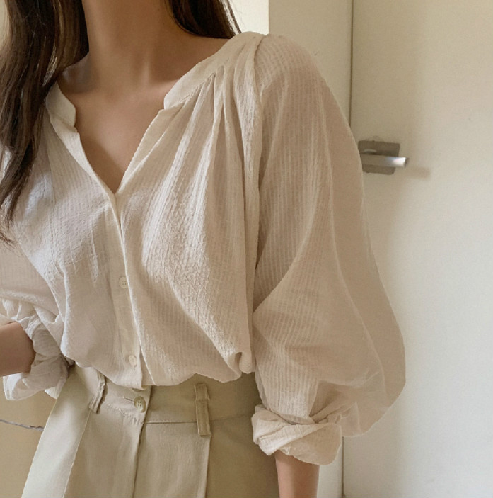 SUXI Áo Sơ Mi Tay Dài Cổ Chữ V Form Rộng Kiểu Dáng Đơn Giản Cho Nữ