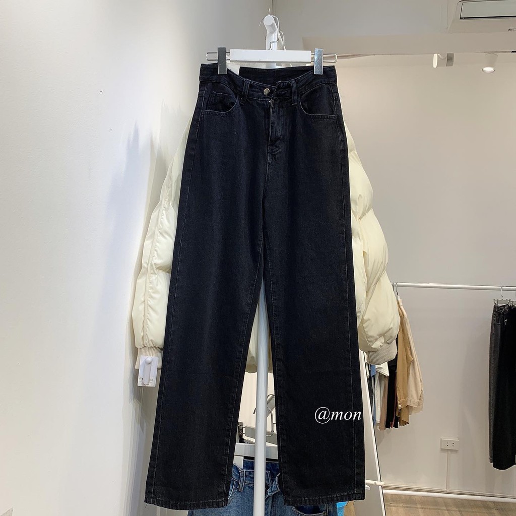 201053 Quần jeans ống rộng dáng suông vừa cho nữ chất jeans mềm màu đen trơn có size | BigBuy360 - bigbuy360.vn