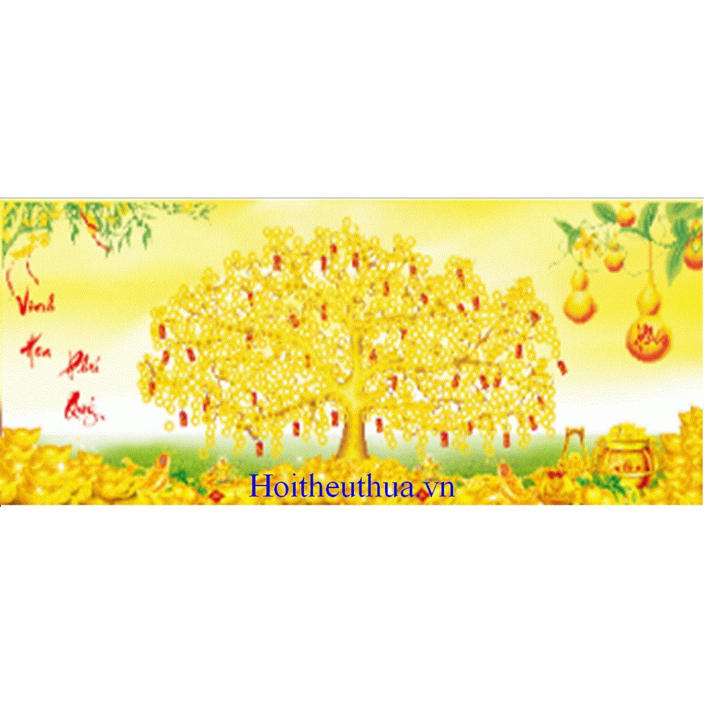 Tranh thêu chữ thập 3D Cây Tiền Vàng Vinh Hoa Phú Quý. Kích thước 109x45cm