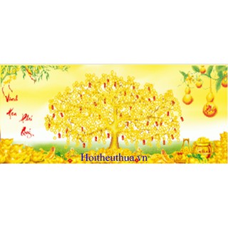 Tranh thêu chữ thập 3D  Cây Tiền Vàng Vinh Hoa Phú Quý. Kích thước 109x45cm