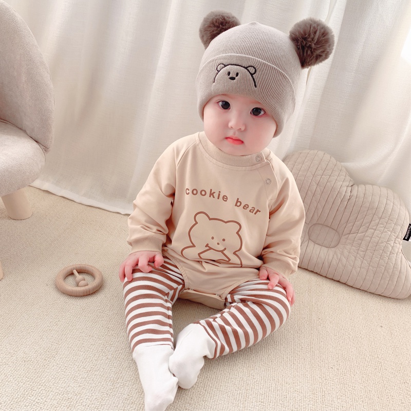 Bộ Áo Liền Quần Tay Dài In Hình Bánh Quy Dễ Thương Cho Bé Gái Sơ Sinh