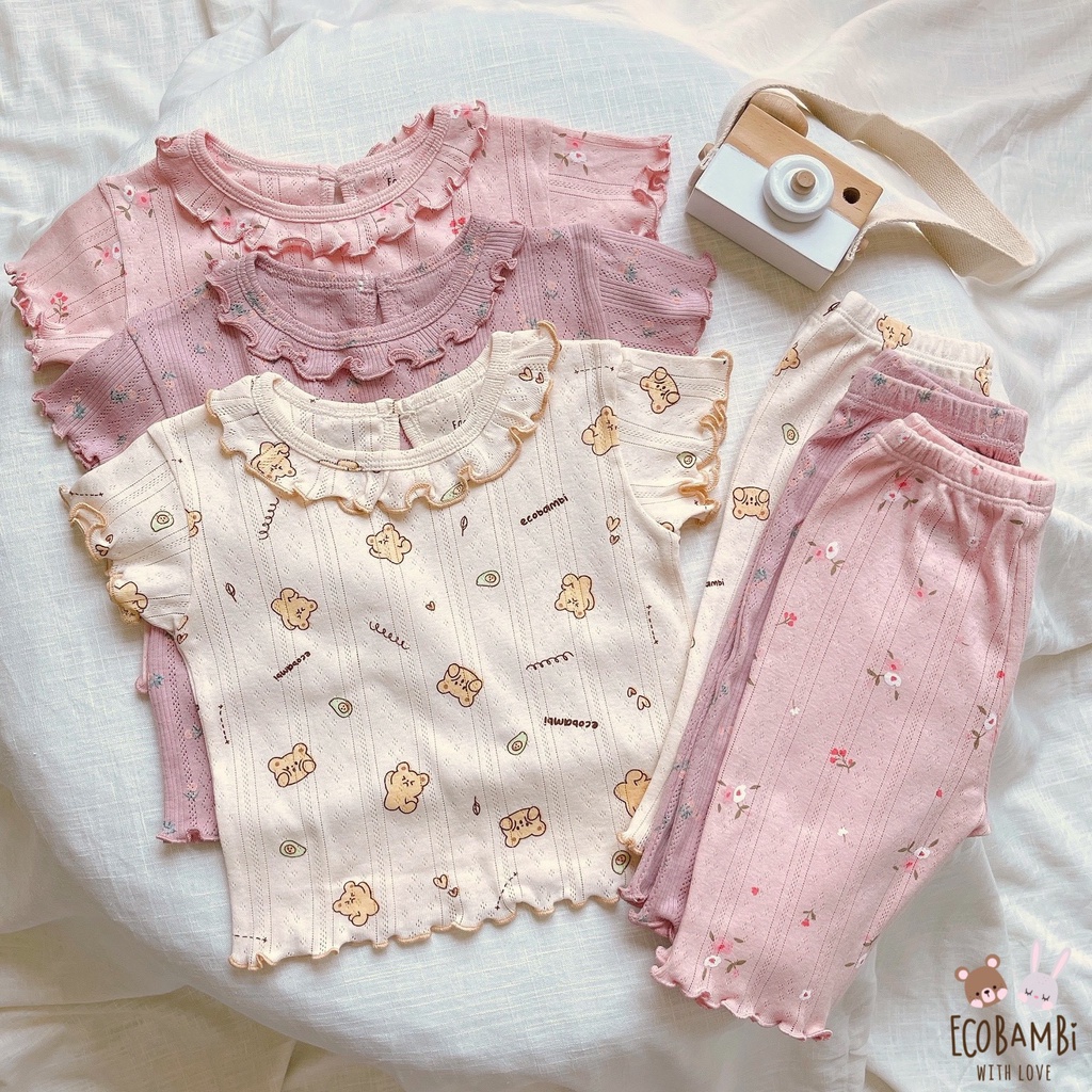 Bộ cotton thun Hàn bé gái tay ngắn, QUẦN LỬNG kiểu dệt jacquard hoa nhí Ecobambi