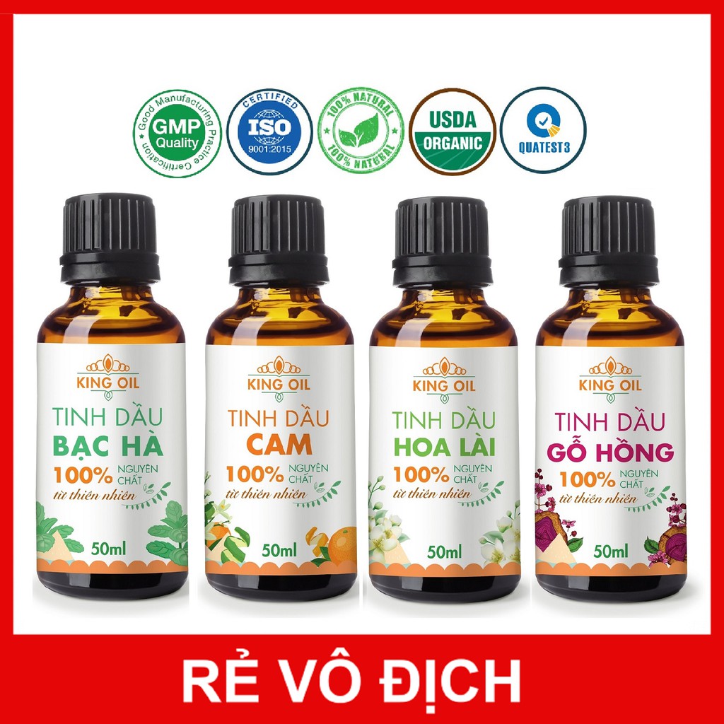 Tinh dầu nguyên chất 50ml Sả Chanh/ Bạc Hà/ Vỏ Quế/ Oải hương/ Bưởi/ Cam/ hoa Lài/ Quýt/ Trầm/ tràm huế/ Gừng/ hoa Hồng