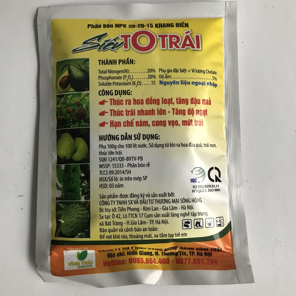 Phân Siêu To Trái , Quả npk 20-20-15 + TE Gói 100g quả lớn nhanh, chắc ruột, đậm hương, mẫu mã đẹp longf1