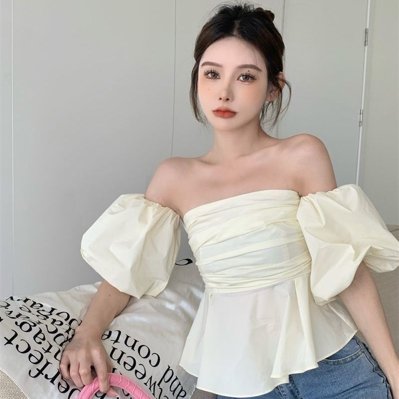 Shuofeng2022 Áo Ống Tay Phồng Hở Vai Phong Cách Hàn Quốc Dễ Phối Đồ Thời Trang Mùa Hè Dành Cho Nữ