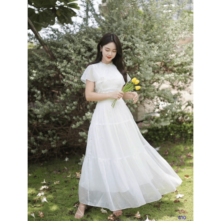 (Free Ship) ĐẦM VOAN CHIFON CỔ CAO TAY NGẮN DÁNG XÒE ĐỘC LẠ PHONG CÁCH HÀN QUỐC MẶC LÀ MÊ UP Shop VLTN