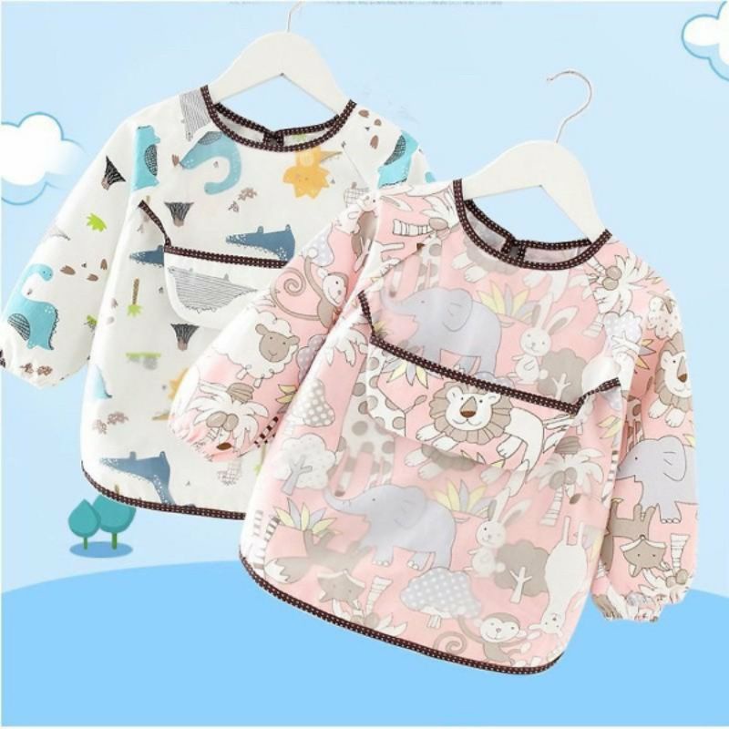 Áo Yếm Cho Bé Ăn BLW Dài Tay 2 Lớp Chất Liệu Cotton Chống Thấm Nước Cho Bé Ăn Dặm