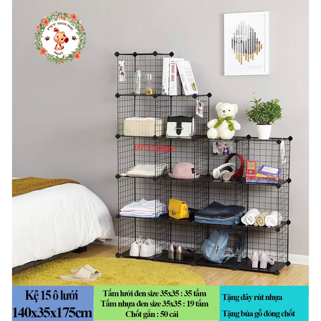 Kệ tủ lưới sắt lắp ghép 15 ô, trang trí xinh xắn, lắp ghép dễ dàng, lưới sắt chắc chắn