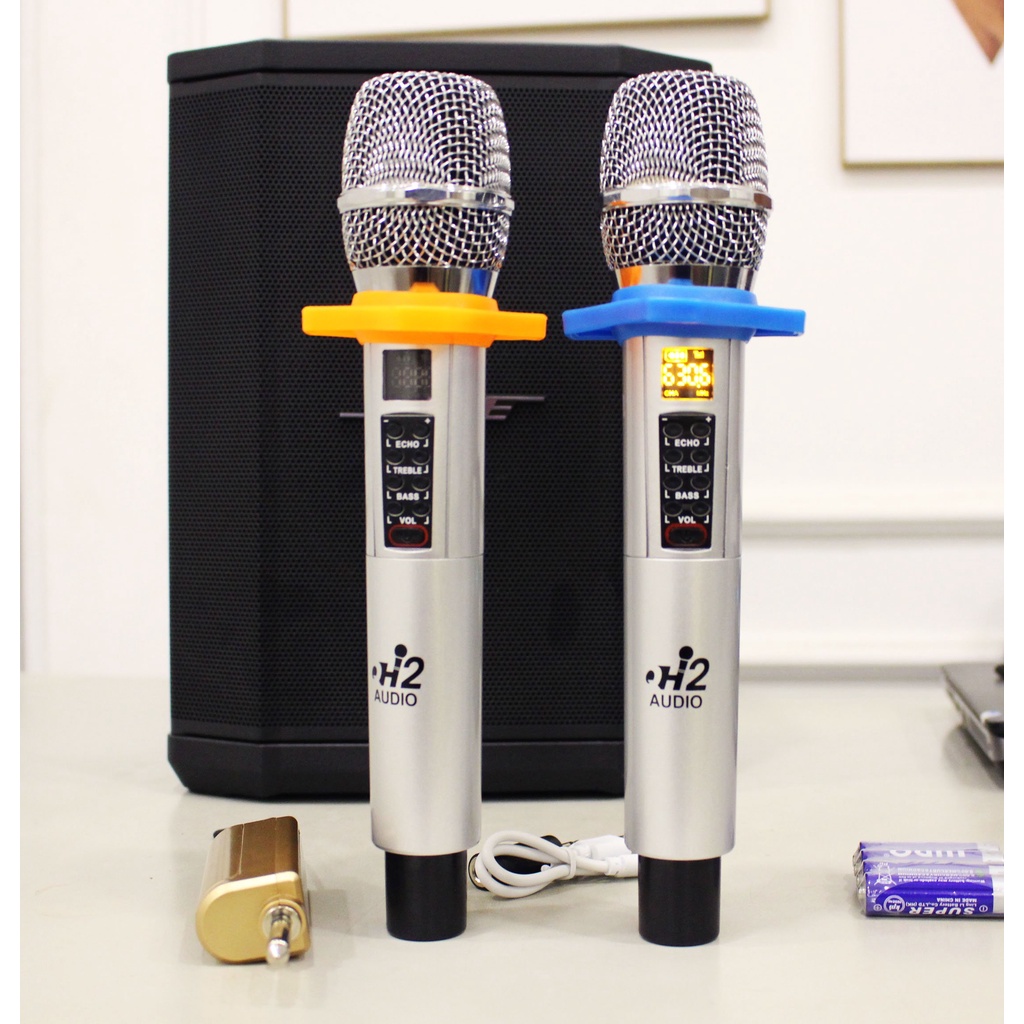 Cặp Mic Hát Karaoke H2 AUDIO Cao Cấp Không Dây Chỉnh Trực Tiếp BASS,TRESS,ECHO Trên Micro,Hàng Chuẩn Bảo Hành 1 Năm