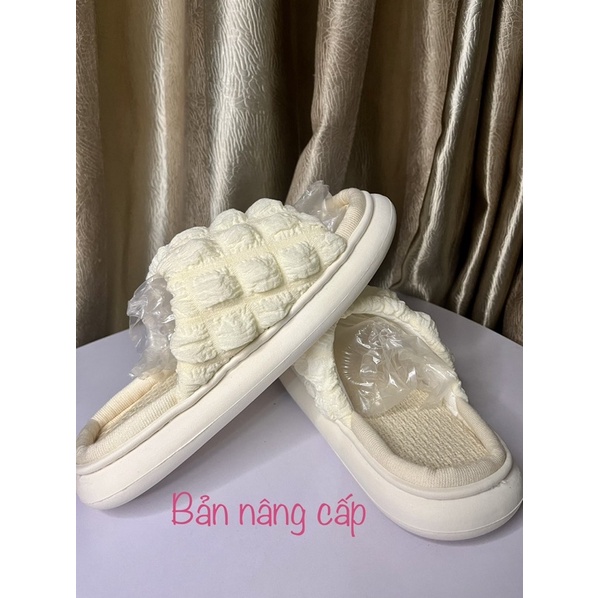Dép đi trong nhà đế bánh mỳ 4cm quai ngang bèo nhúm dễ thương xinh xắn thời trang dành cho nữ 3 màu vàng, xanh, trắng