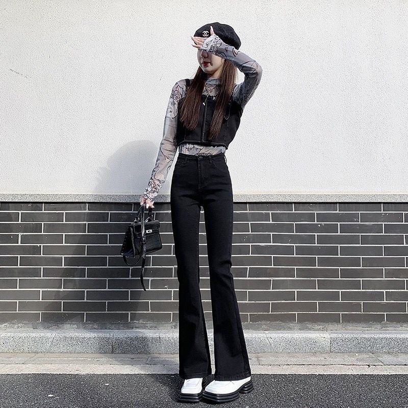 Quần jean ống loe cạp cao co giãn tôn giáng