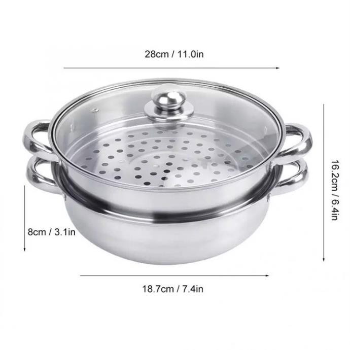 [Mua ngay] Nồi Hấp Thực Phẩm 2 Tầng 28Cm, Vung Kính Dùng Được Cho Bếp Từ HIP MART