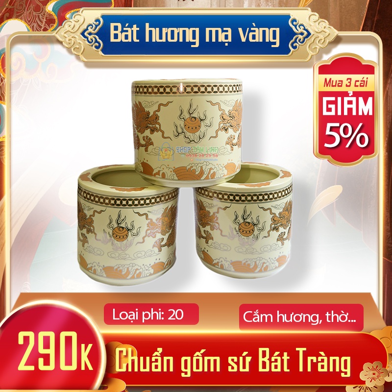 Bát hương Bát Tràng đồ thờ cúng gia tiên /đồ thờ cúng thần tài vẽ vàng men ngà Shoptamlinh