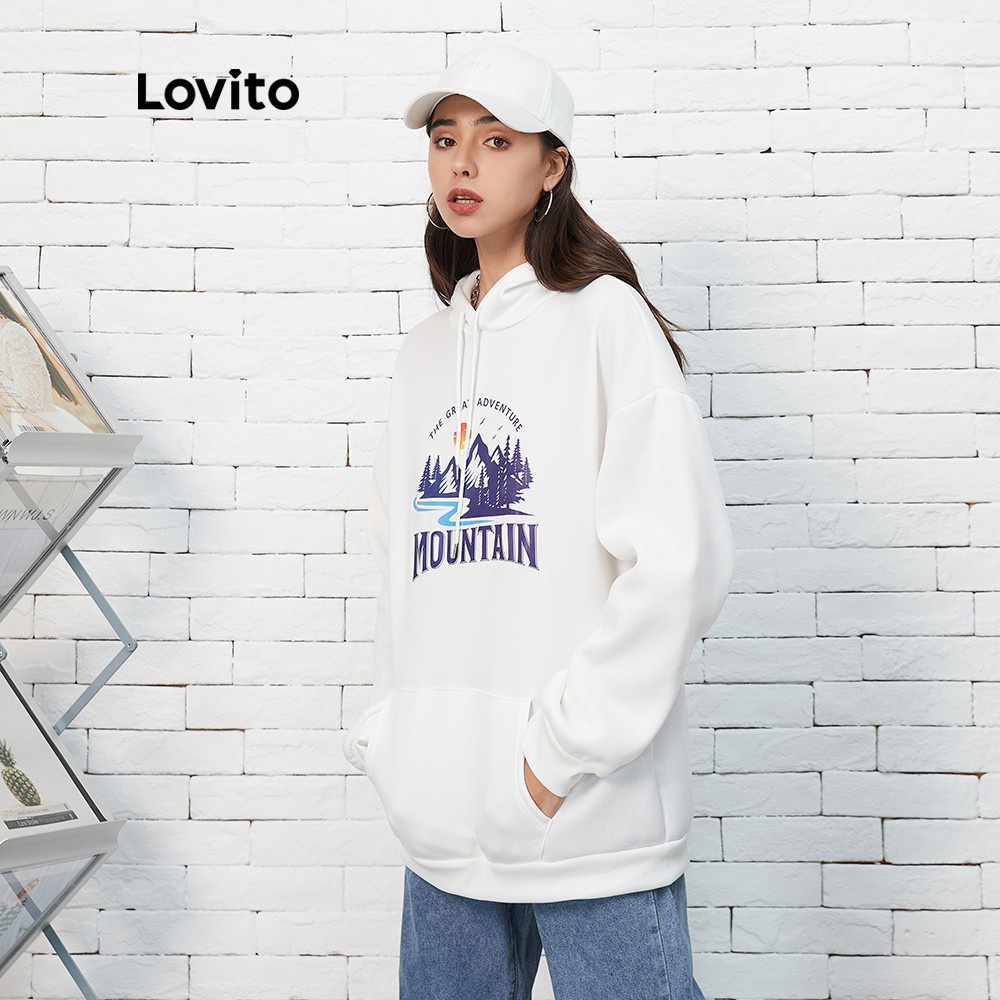 Áo sweater Lovito L07184 mũ trùm dây rút màu trắng in chữ phong cách đơn giản