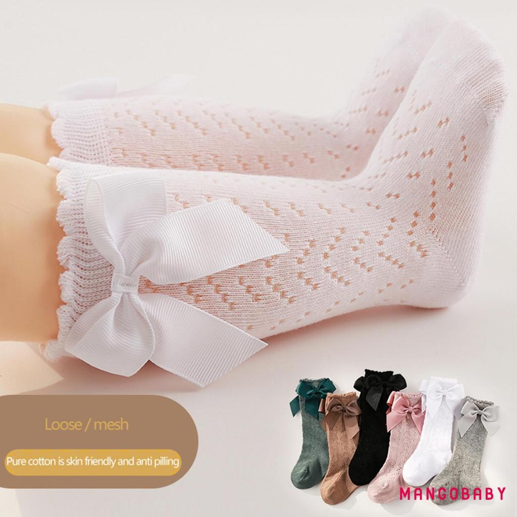 Vớ Cotton Phối Lưới Màu Trơn Thoáng Khí Đính Nơ Trang Trí Xinh Xắn Cho Bé Gái 0-3 Tuổi