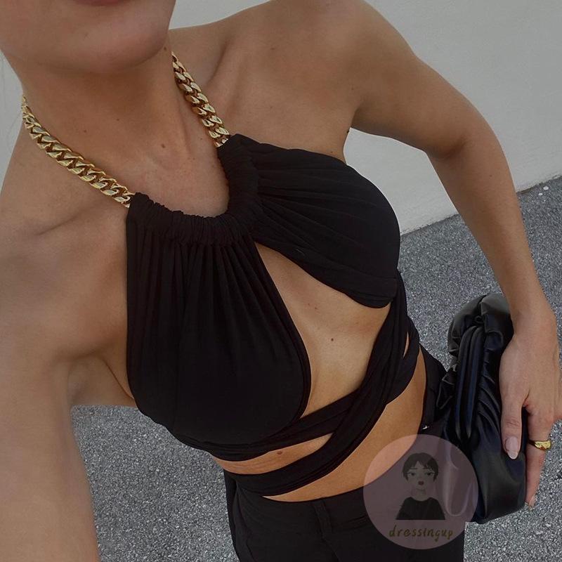 Áo Tank Top Cổ Yếm Phối Dây Xích Lưng Độc Đáo Thời Trang Quyến Rũ Cho Nữ