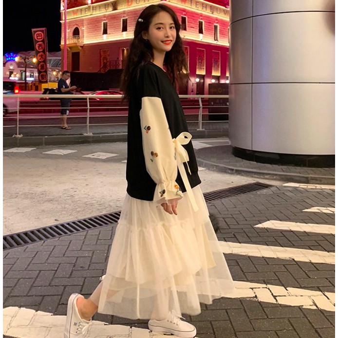 ÁO NỈ THẮT NƠ CHERRY CHÂN VÁY BỒNG BỀNH