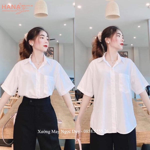 Áo sơ mi đi học nữ form rộng tay ngắn lỡ có túi dáng ulzzang freesize unisex kiểu áo sơ mi trắng nữ trơn đi học tay lỡ