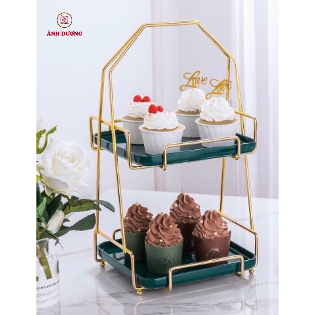 Khay sứ xanh 2 tầng khung mạ vàng