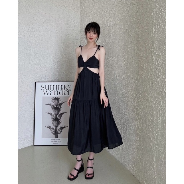 ĐẦM MIDI ĐEN CUT OUT NGỰC THẮT DÂY (TH)