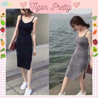 Đầm hai dây body len gân xẻ tà