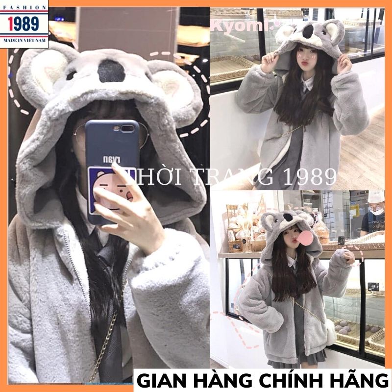 Áo Khoác  Mũ Gấu Cute Chất Lông Dày Đẹp- Áo Nỉ Lông Mũ Gấu Xám Hot ,bộ ngủ lông ulzzang THƠI TRÂNG 1989
