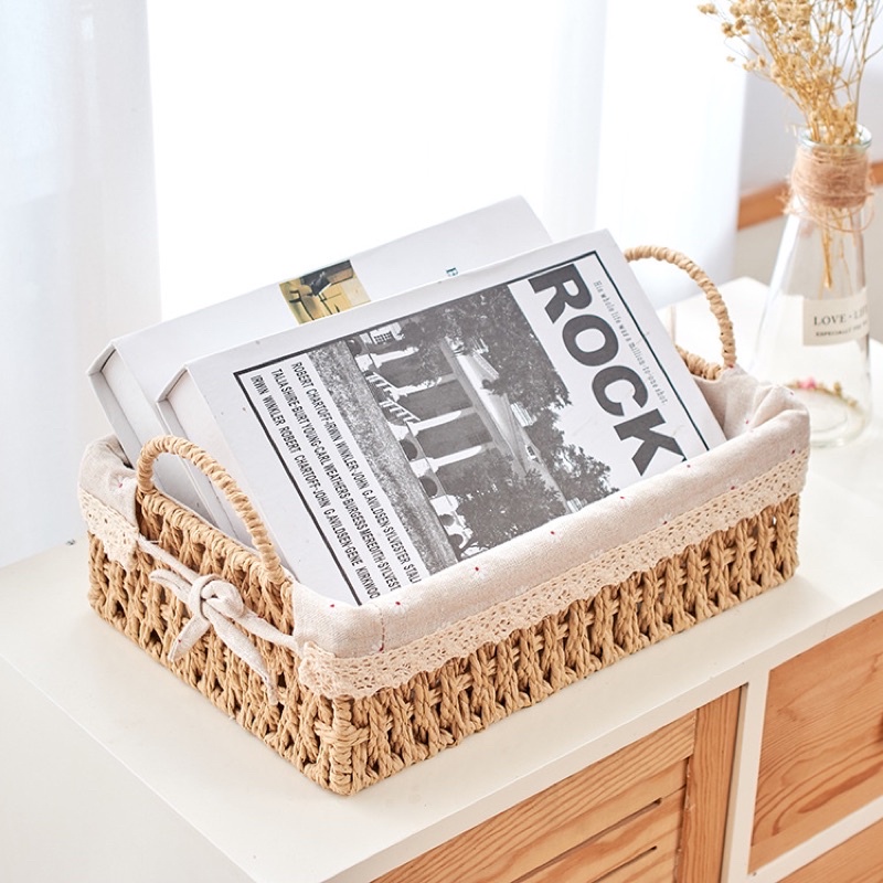 Khay chữ nhật có tay cầm, khay cói đựng đồ có lót vải