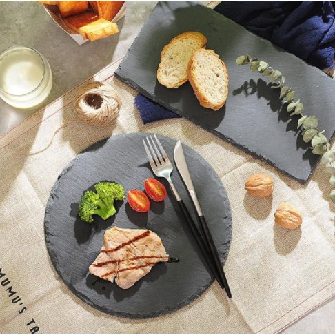 PHIẾN ĐÁ SLATE BAZAN chất đen tự nhiên decor chụp ảnh food siêu chất. khay đĩa đá nướng nhà hàng sang trọng