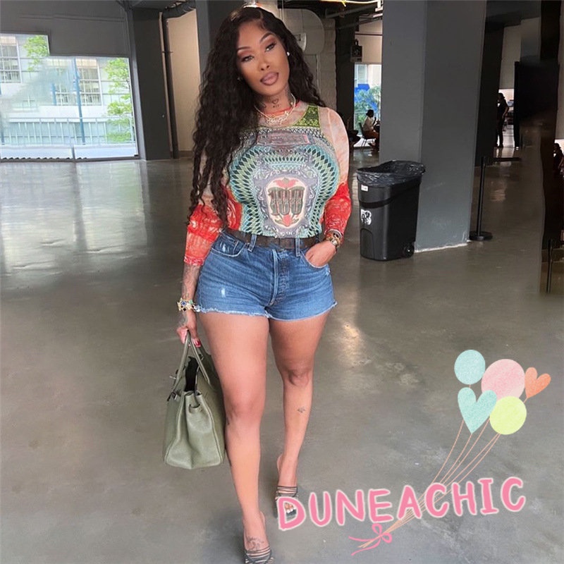 DUNEA Áo Thun Tay Dài In Họa Tiết Thời Trang Đường Phố Cá Tính Cho Nữ