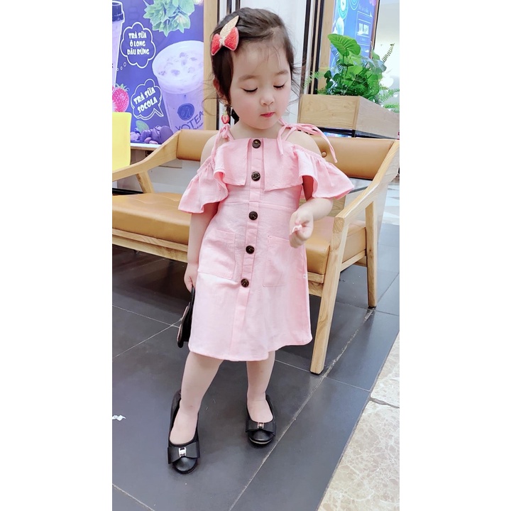 Đầm hai dây trễ vai mùa hè cho bé gái size 12-30kg chất lụa mềm mịn mát