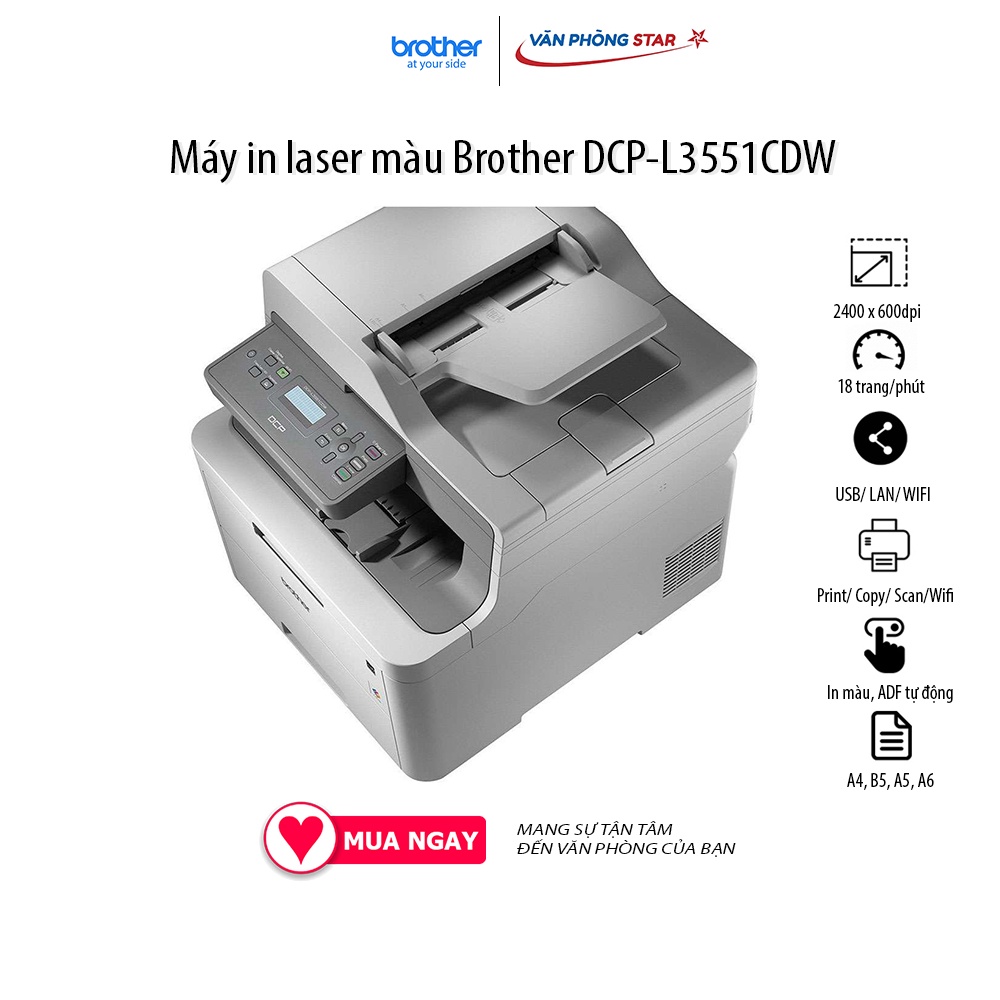 Máy in laser màu Brother DCP-L3551CDW (Print/ Copy/ Scan/Wifi) tốc độ 18 trang/phút đảo mặt tự động