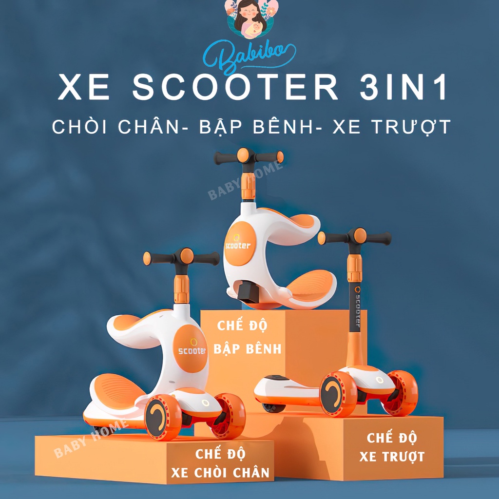 Xe scooter cho bé, xe chòi chân cho bé đa năng 3 trong 1 có đèn làm bằng nhựa PU không gây độc hại cho bé [ Sỉ từ 4 cái]