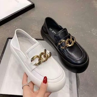 Giày Lười Mũi Tròn Đế Thấp Phối Dây Xích Phong Cách Anh Quốc Dành Cho Nữ