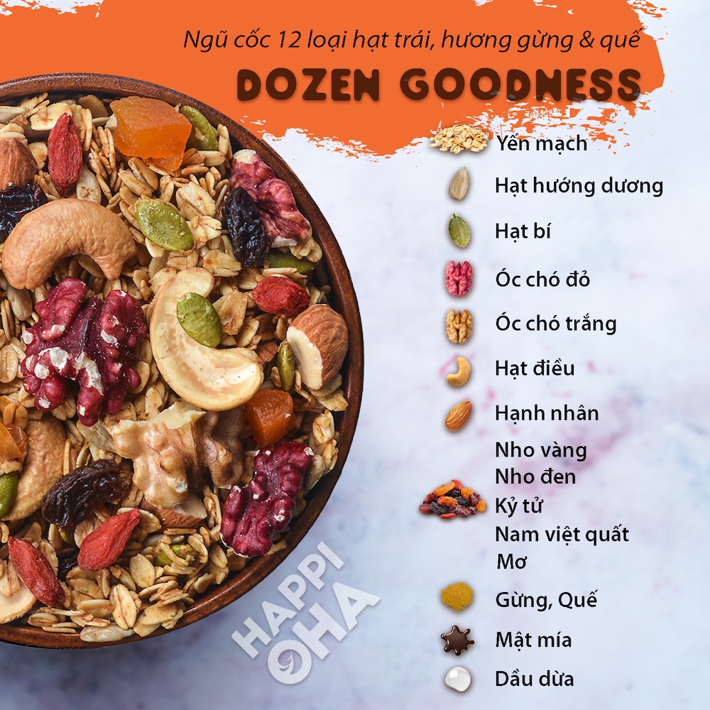 Granola siêu Hạt &amp; Quả Happi Oha, Ngũ cốc giảm cân không đường