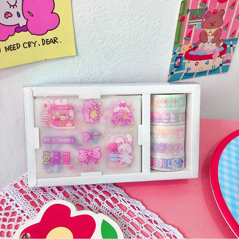 Hộp 5 cuộn Washi Tape và 8 tấm hình dán trang trí