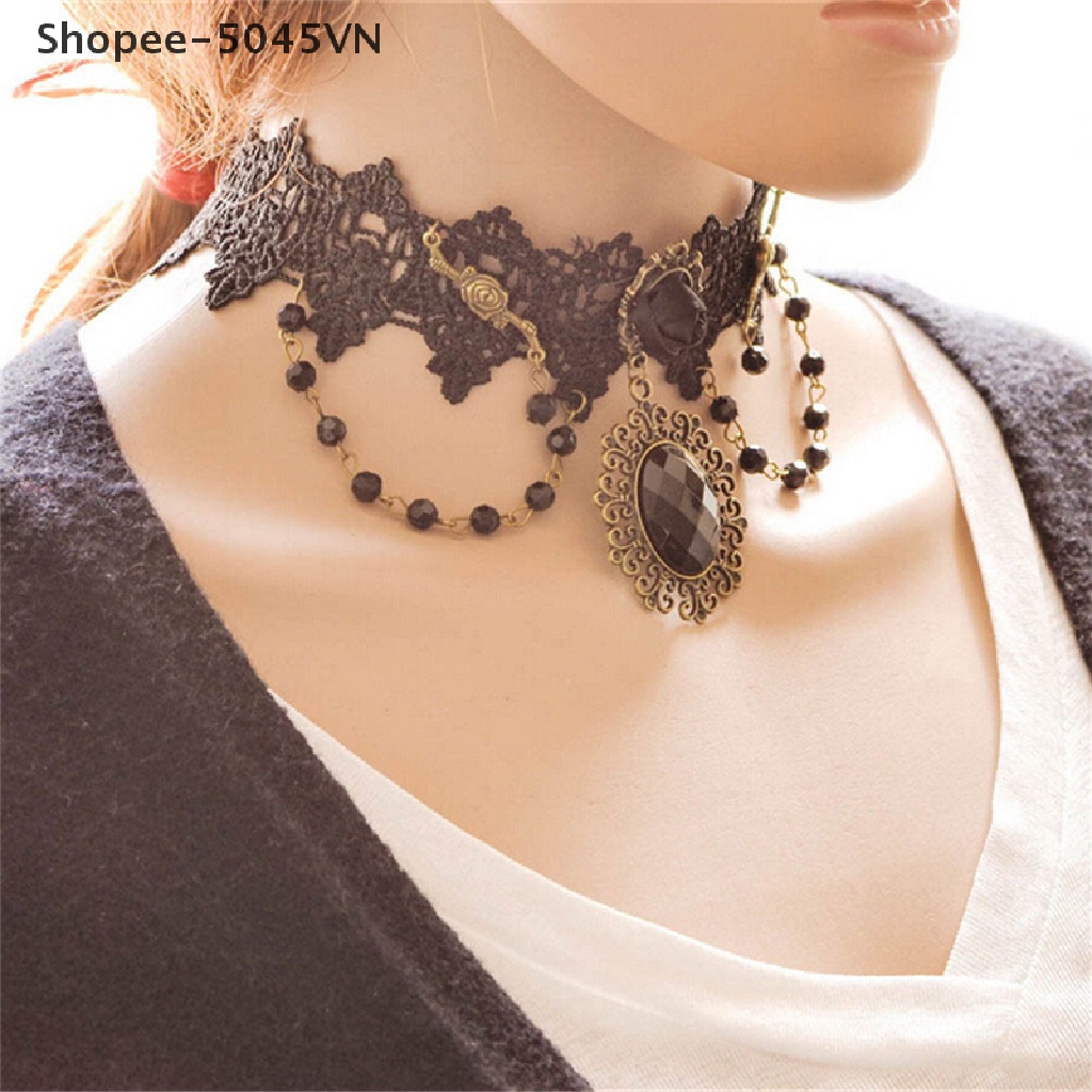 Vòng Cổ Choker Ren Hoa Hồng Đen Đính Hạt Thời Trang