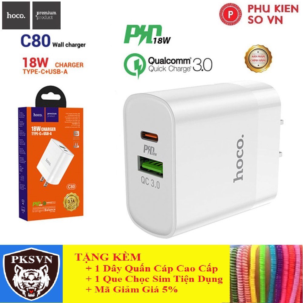 Củ Sạc Nhanh 2 Cổng - CAO CẤP - Cốc Sạc Hoco C80 - Sạc Nhanh PD 18W  Cho Iphone/Android - Bảo Hành 12 Tháng