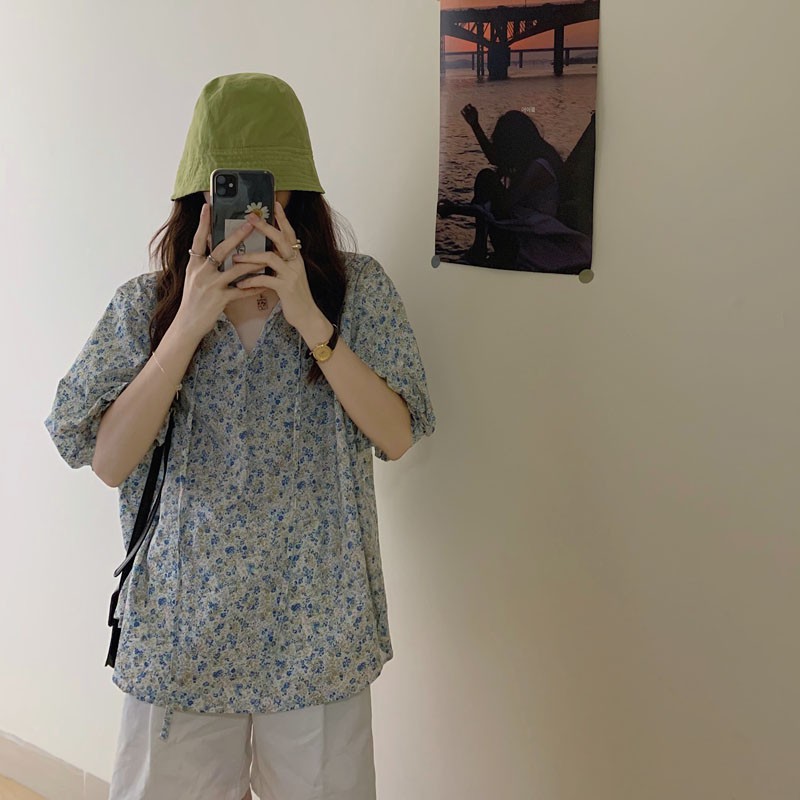 Áo sơ mi hoa cổ tròn ngắn tay form rộng phong cách vintage Hàn Quốc ulzzang