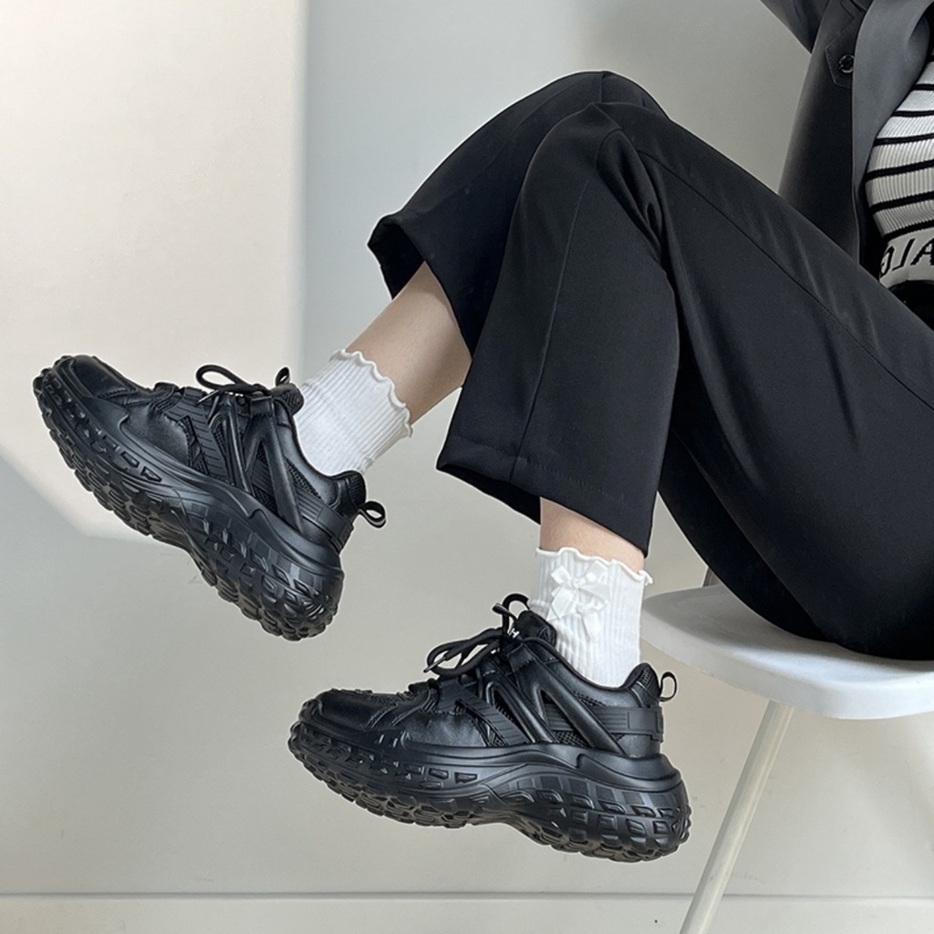 Giày Thể Thao Nữ DETO Đế Cao 5cm cá tính màu đen kem năng động trẻ trung hot trend đẹp mới đơn giản đi học buộc dây xinh