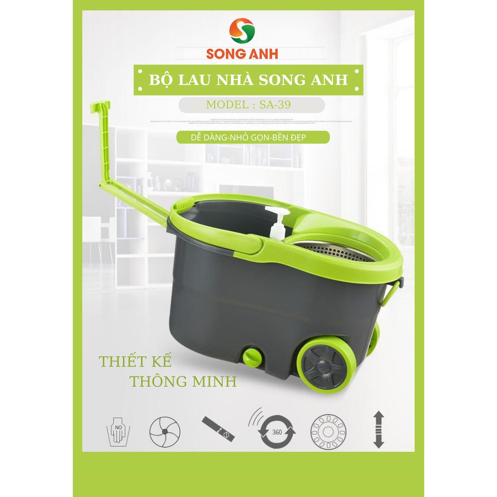 Bộ Cây Lau Nhà Xoay 360 Độ Kèm 2 Bông Lau Có Bánh Xe Di Chuyển Lồng Xoay INOX - SA39