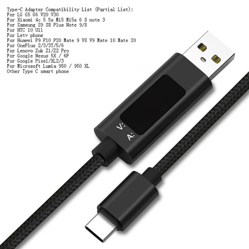 Dây Cáp Sạc Nhanh Usb C Có Màn Hình Led Hiển Thị Điện Áp Cho Samsung S10 S9 Note 9 Xiaomi 9 / 8 Huawei Oneplus